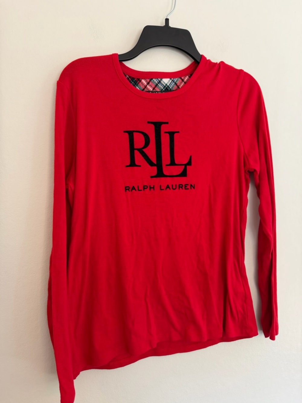 Lauren Ralph Lauren RL Logo Long Sleeve Tee Red Plaid Trim Size Medium